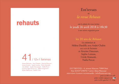 Ent'revues et la revue Rehauts ont le plaisir de vous inviter pour les 20 ans de la revue