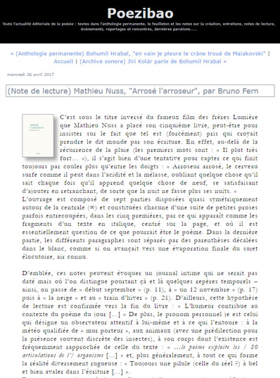 note de lecture du 26 avril 2017 de Bruno Fern à propos du livre 'Arrosé l'arroseur' de Mathieu Nuss sur le site Poezibao